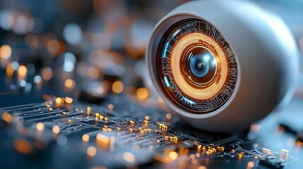 Futuristic holographic security surveillance with glowing neon wireframe representing an advanced AI powered monitoring system for a cybernetic city watchtower  The image depicts a high tech