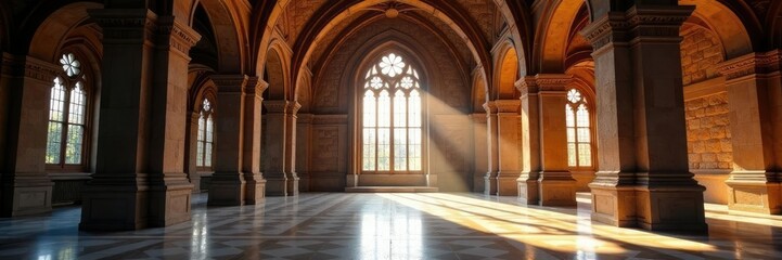 Grand hall with high ceilings and large stone windows, architrave, triforium