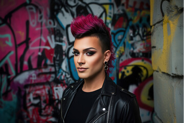Fototapeta premium Edgy Fashion Portrait: A Stylish Woman with Pink Mohawk and Leather Jacket Poses Against Graffiti Wall