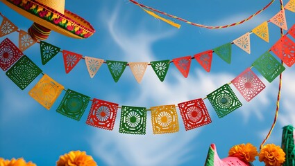 A vibrant and colorful illustration of Papel picado, a traditional Mexican ornamental paper craft, suspended in mid-air, with intricate cut-out designs.
