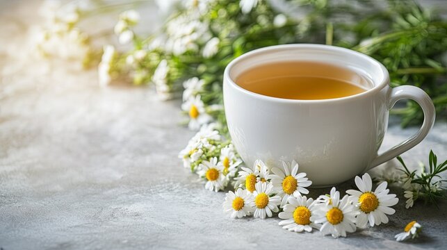 A clean white pitcher filled with freshly picked chamomile flowers, styled on a soft gray table picture