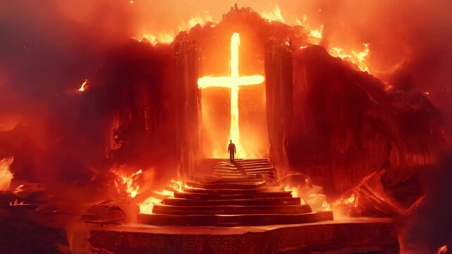 Glowing cross on steps amid fiery hellscape. Religious symbolism in apocalyptic scene. Christian faith surviving in dark times.