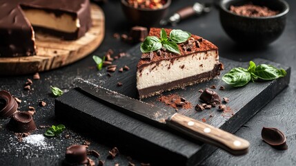 create black food dish of high cuisine of cheesecake with chocolate shell