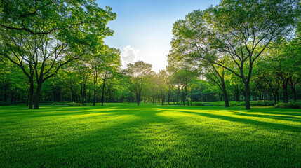 Lush green park landscape with vibrant grass, tall trees, and sunlight filtering through the foliage on a clear blue sky day, perfect for nature backgrounds, relaxation, and outdoor activities