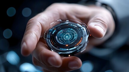 Gesture Controlled Futuristic Scale with Data Visualization Symbolizing Hands Free Weight Tracking  Top view of an interactive monochromatic