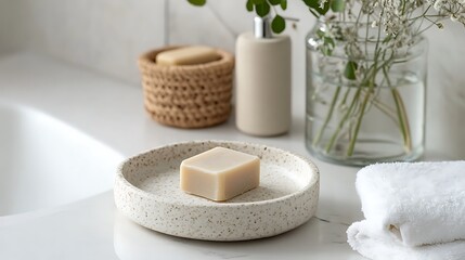 A minimalist bathroom scene featuring soap and accessories displayed nicely