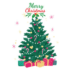 Naklejka premium Merry Christmas with tree and Presents