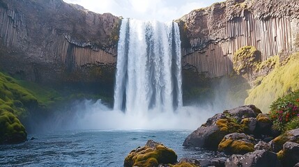 Majestic waterfall cascading down rocky cliffs surrounded by moss covered rocks and vibrant vegetation creating a serene and powerful natural landscape