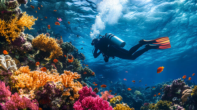 un buzo nadando y explorando junto a un arrecife de coral colorido y vibrante con peces y corales en el mar oceano majestuoso de la naturaleza