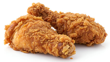 A piece or assortment of fried chicken, isolated on a white background, showcasing its crispy, golden-brown texture.