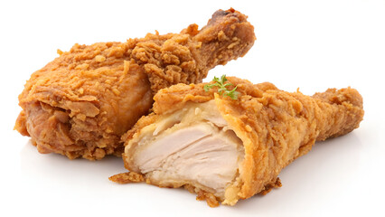 A piece or assortment of fried chicken, isolated on a white background, showcasing its crispy, golden-brown texture.