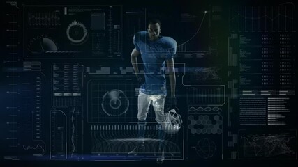 American football player with futuristic data and graphs overlay animation - Powered by Adobe