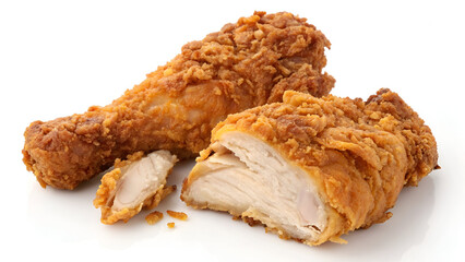 A piece or assortment of fried chicken, isolated on a white background, showcasing its crispy, golden-brown texture.