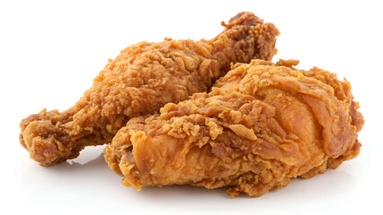 A piece or assortment of fried chicken, isolated on a white background, showcasing its crispy, golden-brown texture.
