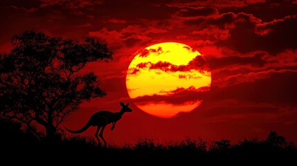 Captivating red and orange sunset; sun at heart, emitting vibrant orange-yellow rays. Deep crimson sky envelops horizon, casting an ethereal glow