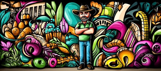 Obraz premium Farmer standing amidst vibrant doodle artwork featuring various foods, plants, and cityscapes.