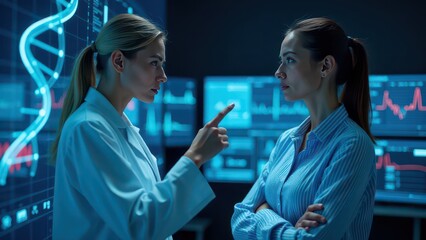 Two women standing in front of a computer screen