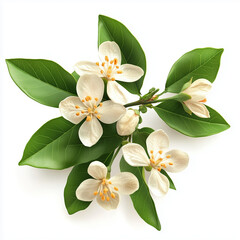 Obraz premium Orange blossom with green leaves and delicate floral details on white background
