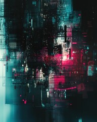 Naklejka premium Abstract Digital Artwork in Teal Black and Magenta Featuring a Complex Network of Geometric Elements with a Futuristic Aesthetic