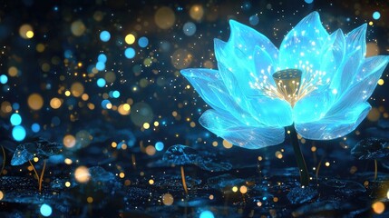 Fiber optic light painting,chinese lotus flower, glowing cyan light, digital illustration, fantasy art style,holographicï¼Œ pure cyan background, golden ornaments, Minimal lines