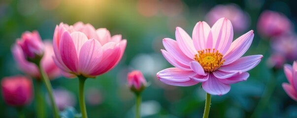 Flowers in garden with soft pink and blue hue, botanical, nature