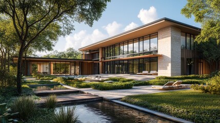 Fototapeta premium A modern architectural design featuring large glass windows, surrounded by lush greenery and a tranquil water feature, blending nature with contemporary living.