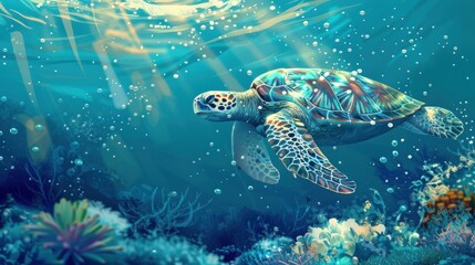 A Beautiful Sea Turtle Swimming Gracefully in the Ocean Water