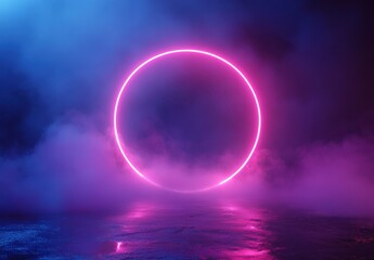 Neon Pink Circle in a Dark, Foggy Environment with Vibrant Light Reflections on a Wet Surface Creating a Dreamy Atmosphere for Creative Projects