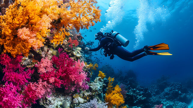 un buzo experimentado explorando e investigando la vida marina en el oceano nadando junto a un arrecife de coral llamativo y colorido con fauna marina