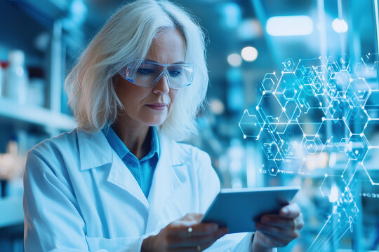 A female scientist uses a tablet in a laboratory setting, surrounded by digital information and network connections, representing the future of scientific research and technological innovation.
