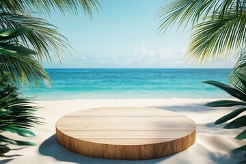 Obraz premium Empty wooden round podium on a tropical beach with palm leaves and ocean view.