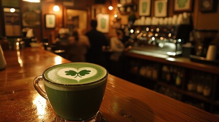 Fototapeta premium Savoring a cozy irish experience green shamrock latte art in dublin food photography warm atmosphere close-up view
