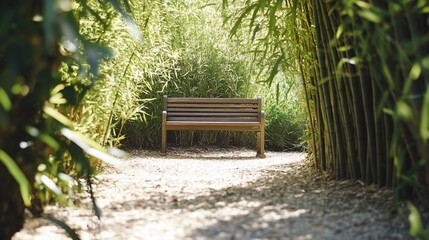 Wooden bench sits in a tranquil bamboo grove pathway.