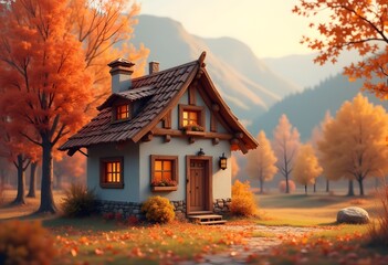 Tiny imaginary house in a fantasy forest with small pumpkins. Digital painting with red and orange colour tones. Autumn concept. Halloween or story illustration.
