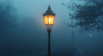 In the early dawn, a Victorian gas lamp casts a warm glow through dense fog, creating a serene and mystical atmosphere