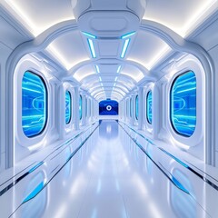 Obraz premium Futuristic Spaceship Corridor Panorama - Abstract futuristic technology, sleek design, glowing blue lights, clean lines, and a sense of movement. Symbolizing innovation, progress, travel, exploration