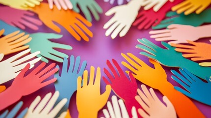Vibrant and Positive Circular Pattern Composed of Multicolored Handcut Paper Hands on a Bright and Colorful Background Symbolizing Unity Community and
