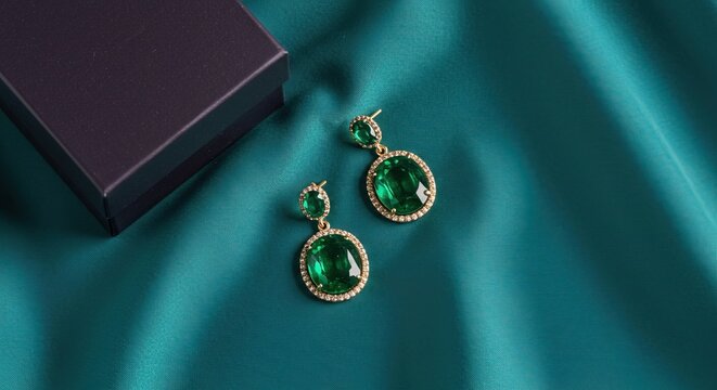 Pair of luxurious emerald green gemstone earrings with gold settings and diamond accents rest on teal silk fabric next to a dark gift box.