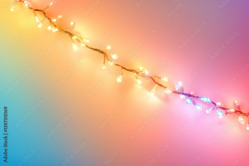 Fototapete festive garland of colorful glowing lights arranged diagonally on a soft gradient background for cel