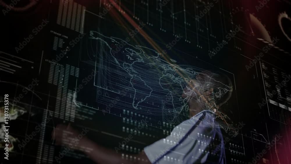 Poster world map and data processing animation over person analyzing digital screen