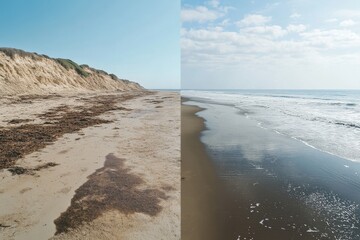 Contrast of coastal landscapes: eroded cliffside vs. serene shoreline