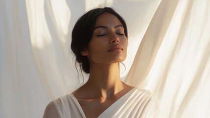 The elegance of an olive-skinned woman is captured in a flawless studio portrait, her serene expression glowing under evenly diffused lighting against a pure white setting. 