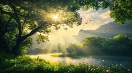 hyper detailed, FHD, raw photo, ultra realistic photo. A serene landscape offering a sense of deep calm and healing, featuring a misty, green forest 