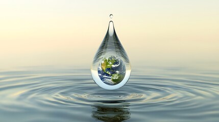 Transparent water droplet suspending a miniature globe of the Earth floating mid air above a serene reflected surface   a conceptual of environmental sustainability