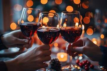 A group of friends toasts with glasses of red wine while surrounded by a warm ambiance of soft candlelight and festive decorations, capturing the joy of togetherness during the holidays.