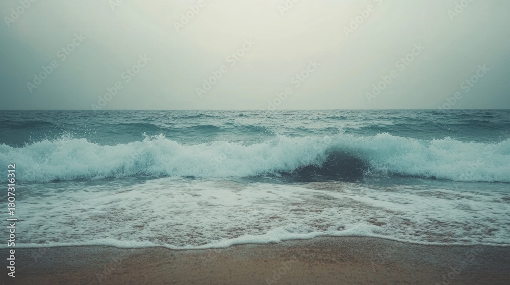 Aufkleber Lonely seashore with gentle waves under an overcast sky during a peaceful moment Generative AI