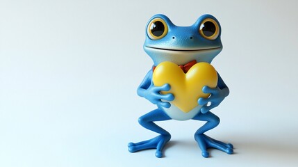 Cute blue cartoon frog holding a yellow heart.