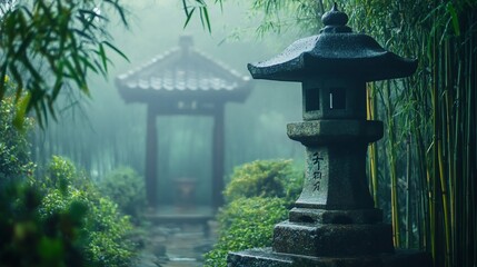 Mystical stone lantern in misty bamboo forest garden.