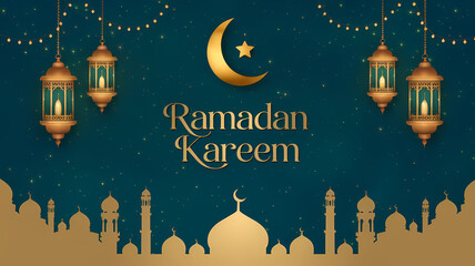Minimalist Ramadan Kareem Greeting Card Design Featuring Hanging Golden Lanterns Crescent Moon and Mosque Silhouette on Deep Green Background with Arabic Calligraphy and Elegant Islamic Ornamentation