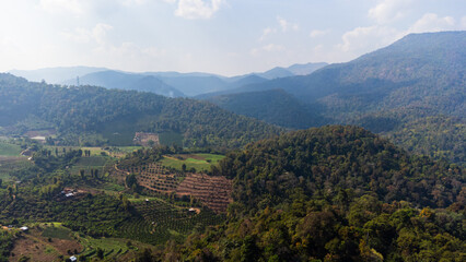 Aerial view of cultivated mountain slopes and dense forests meeting under cloudy sky with dust